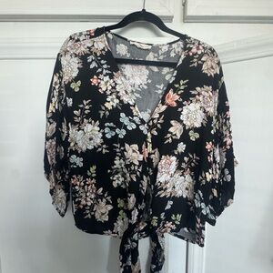 Lovestitch Black Floral Tie-Front Blouse